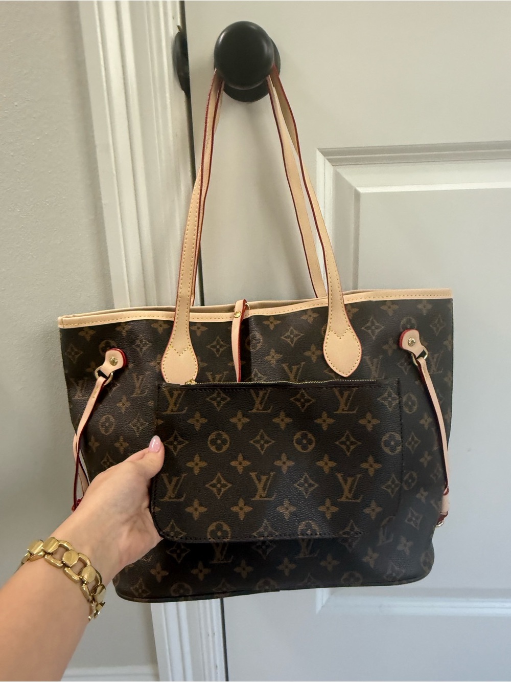Source Unknown Brown Monogram Canvas Tote with Tan Handles